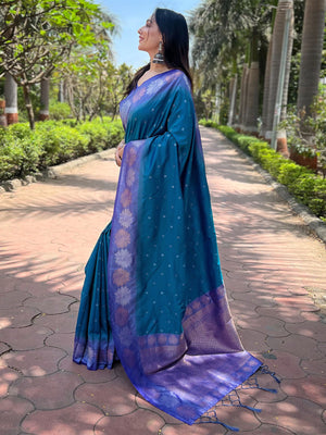Rajwada Teal Woven Design Soft Silk Saree With Unstitched Blouse For Women