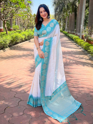 Rajwada White Woven Design Soft Silk Saree With Unstitched Blouse For Women