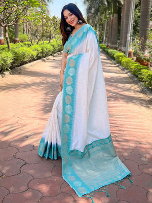 Rajwada White Woven Design Soft Silk Saree With Unstitched Blouse For Women