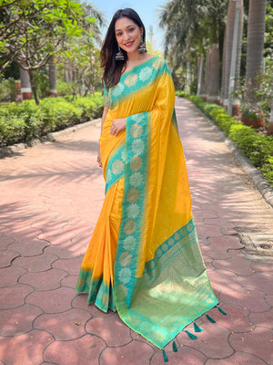 Rajwada Yellow Woven Design Soft Silk Saree With Unstitched Blouse For Women