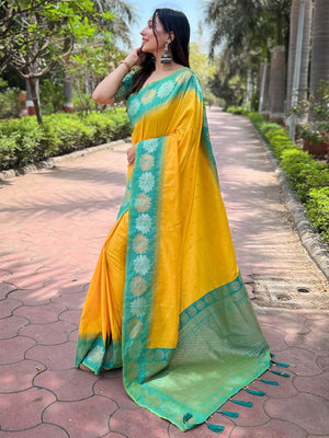 Rajwada Yellow Woven Design Soft Silk Saree With Unstitched Blouse For Women