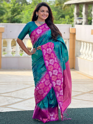 Rajwada Teal Woven Design Soft Silk Saree With Unstitched Blouse For Women