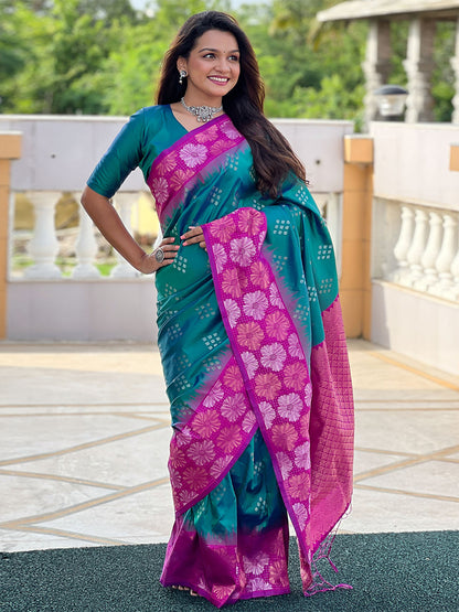 Rajwada Teal Woven Design Soft Silk Saree With Unstitched Blouse For Women