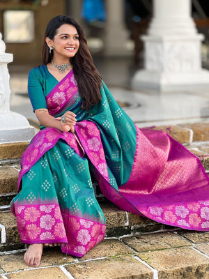 Rajwada Teal Woven Design Soft Silk Saree With Unstitched Blouse For Women
