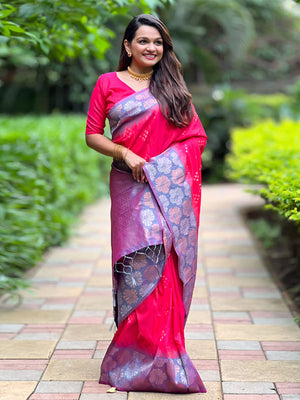 Rajwada Pink Woven Design Soft Silk Saree With Unstitched Blouse For Women
