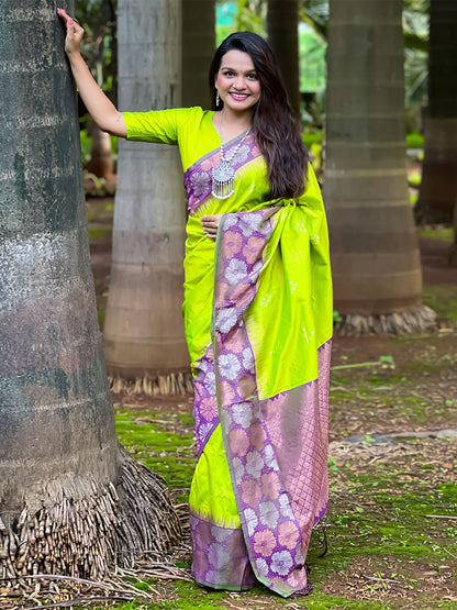 Rajwada Olive Woven Design Soft Silk Saree With Unstitched Blouse For Women