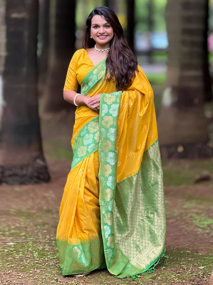 Rajwada Yellow Woven Design Soft Silk Saree With Unstitched Blouse For Women