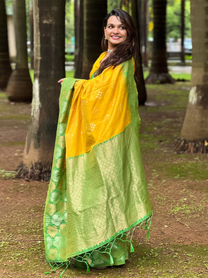 Rajwada Yellow Woven Design Soft Silk Saree With Unstitched Blouse For Women