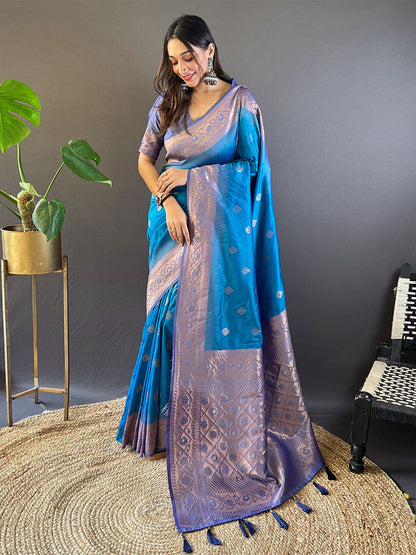 Rajwada Blue Woven Design Soft Silk Saree With Unstitched Blouse For Women