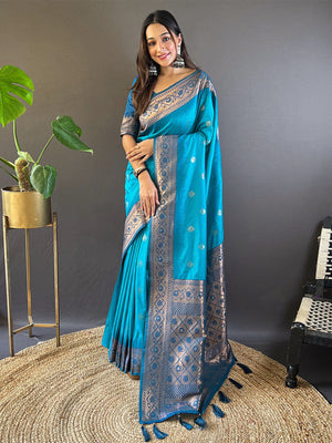 Rajwada Sea Green Woven Design Soft Silk Saree With Unstitched Blouse For Women