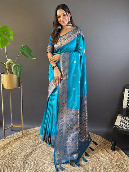 Rajwada Sea Green Woven Design Soft Silk Saree With Unstitched Blouse For Women