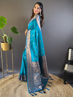 Rajwada Sea Green Woven Design Soft Silk Saree With Unstitched Blouse For Women