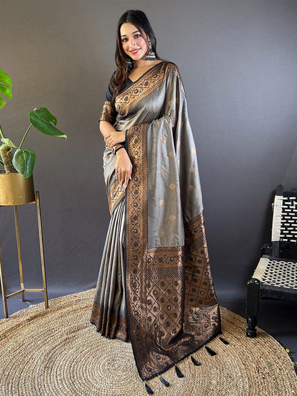 Rajwada Grey Woven Design Soft Silk Saree With Unstitched Blouse For Women