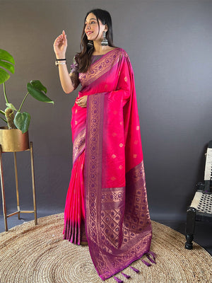 Rajwada Pink Woven Design Soft Silk Saree With Unstitched Blouse For Women