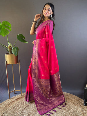 Rajwada Pink Woven Design Soft Silk Saree With Unstitched Blouse For Women