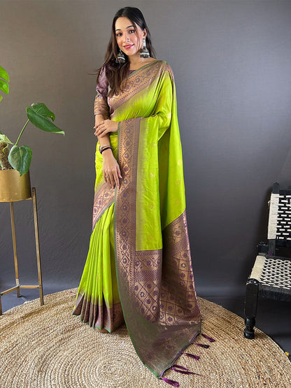 Rajwada Olive Woven Design Soft Silk Saree With Unstitched Blouse For Women