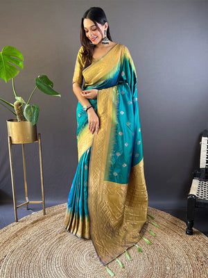 Rajwada Teal Woven Design Soft Silk Saree With Unstitched Blouse For Women