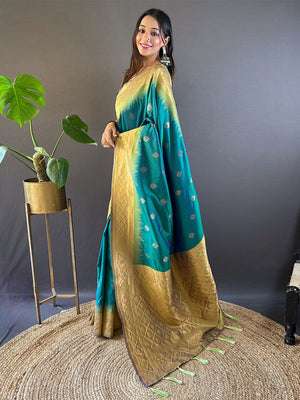 Rajwada Teal Woven Design Soft Silk Saree With Unstitched Blouse For Women