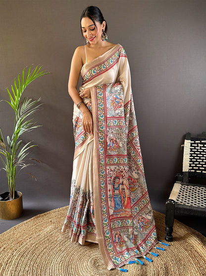 Rajwada Beige Printed Silk Blend Saree With Unstitched Blouse For Women