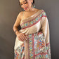 Rajwada Beige Printed Silk Blend Saree With Unstitched Blouse For Women
