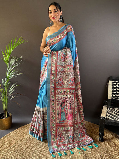 Rajwada Blue Printed Silk Blend Saree With Unstitched Blouse For Women