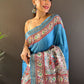 Rajwada Blue Printed Silk Blend Saree With Unstitched Blouse For Women
