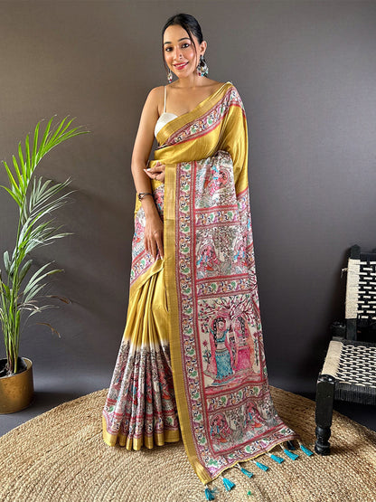 Rajwada Mustard Printed Silk Blend Saree With Unstitched Blouse For Women