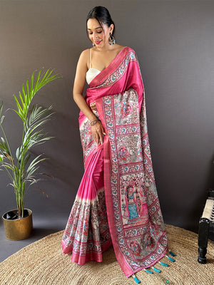 Rajwada Pink Printed Silk Blend Saree With Unstitched Blouse For Women