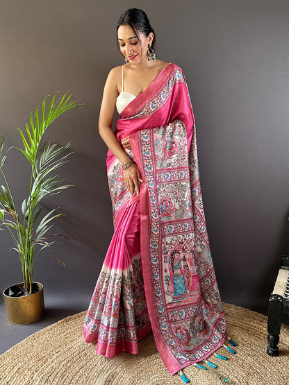 Rajwada Pink Printed Silk Blend Saree With Unstitched Blouse For Women
