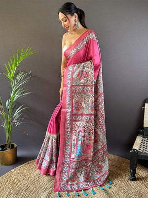 Rajwada Pink Printed Silk Blend Saree With Unstitched Blouse For Women