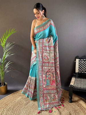 Rajwada Sea Green Printed Silk Blend Saree With Unstitched Blouse For Women