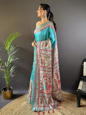 Rajwada Sea Green Printed Silk Blend Saree With Unstitched Blouse For Women