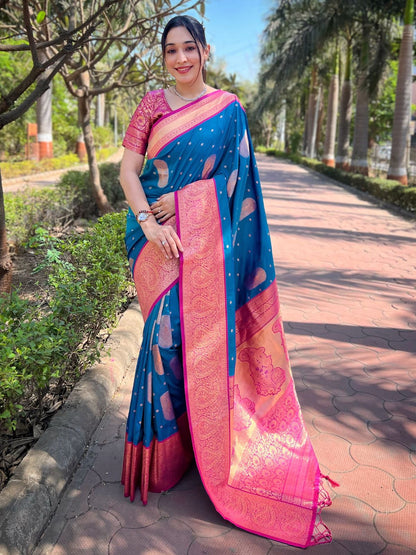 Rajwada Blue Woven Design Soft Silk Saree With Unstitched Blouse For Women