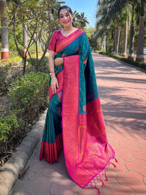 Rajwada Teal Woven Design Soft Silk Saree With Unstitched Blouse For Women