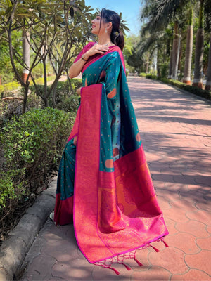 Rajwada Teal Woven Design Soft Silk Saree With Unstitched Blouse For Women