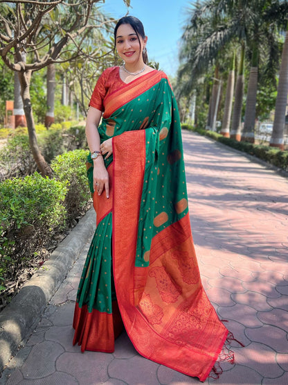 Rajwada Green Woven Design Soft Silk Saree With Unstitched Blouse For Women