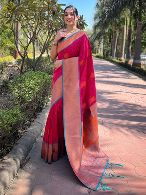 Rajwada Pink Woven Design Soft Silk Saree With Unstitched Blouse For Women