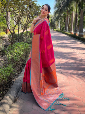Rajwada Pink Woven Design Soft Silk Saree With Unstitched Blouse For Women