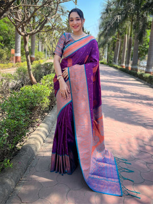 Rajwada Purple Woven Design Soft Silk Saree With Unstitched Blouse For Women