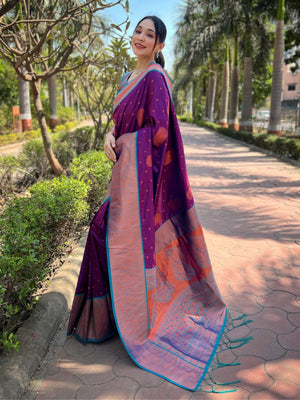 Rajwada Purple Woven Design Soft Silk Saree With Unstitched Blouse For Women