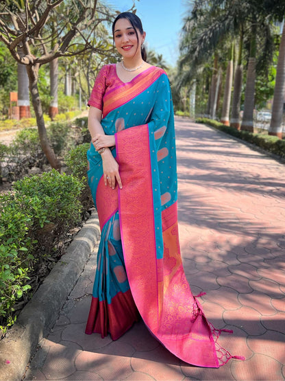 Rajwada Blue Woven Design Soft Silk Saree With Unstitched Blouse For Women