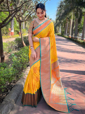 Rajwada Yellow Woven Design Soft Silk Saree With Unstitched Blouse For Women