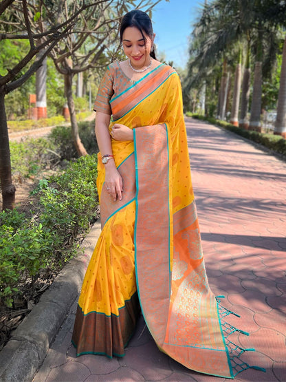 Rajwada Yellow Woven Design Soft Silk Saree With Unstitched Blouse For Women
