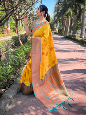 Rajwada Yellow Woven Design Soft Silk Saree With Unstitched Blouse For Women