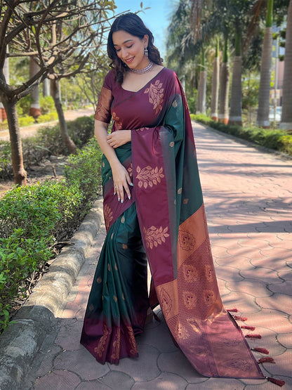 Rajwada Green Woven Design Soft Silk Saree With Unstitched Blouse For Women