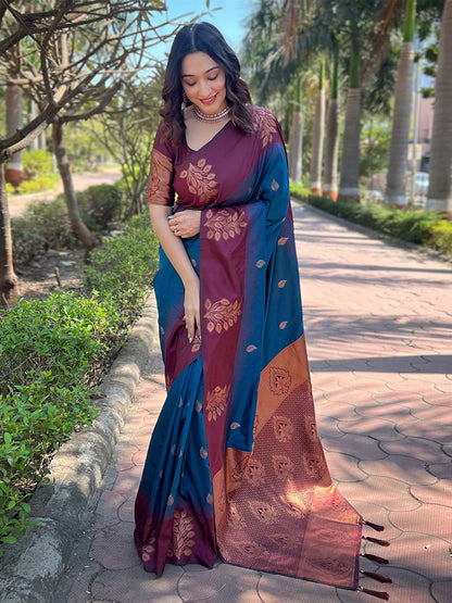 Rajwada Blue Woven Design Soft Silk Saree With Unstitched Blouse For Women