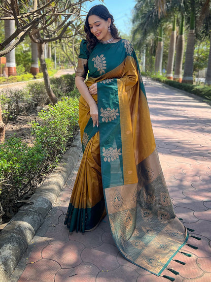 Rajwada Mustard Woven Design Soft Silk Saree With Unstitched Blouse For Women