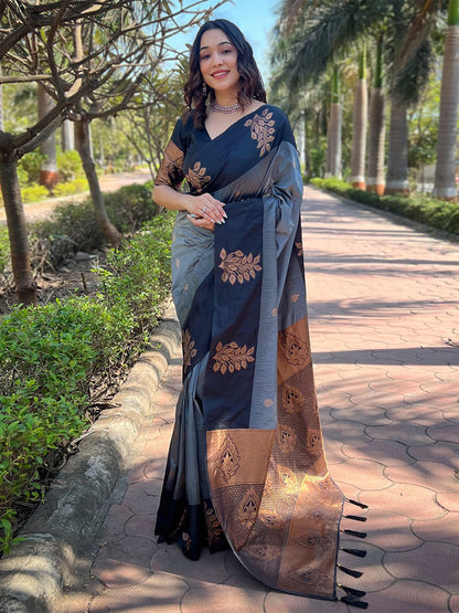 Rajwada Grey Woven Design Soft Silk Saree With Unstitched Blouse For Women