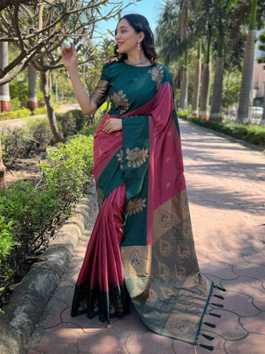 Rajwada Pink Woven Design Soft Silk Saree With Unstitched Blouse For Women