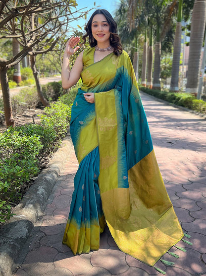 Rajwada Olive Woven Design Soft Silk Saree With Unstitched Blouse For Women